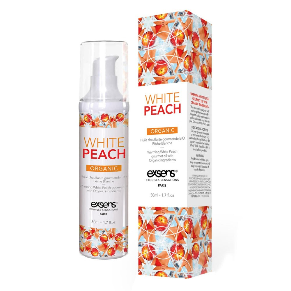 Ulei de masaj incalzitor Exsens White Peach Organic 50 ml, organic, natural, fara parabeni, pentru barbati, femei si cupluri, comestibil si sigur pentru corp