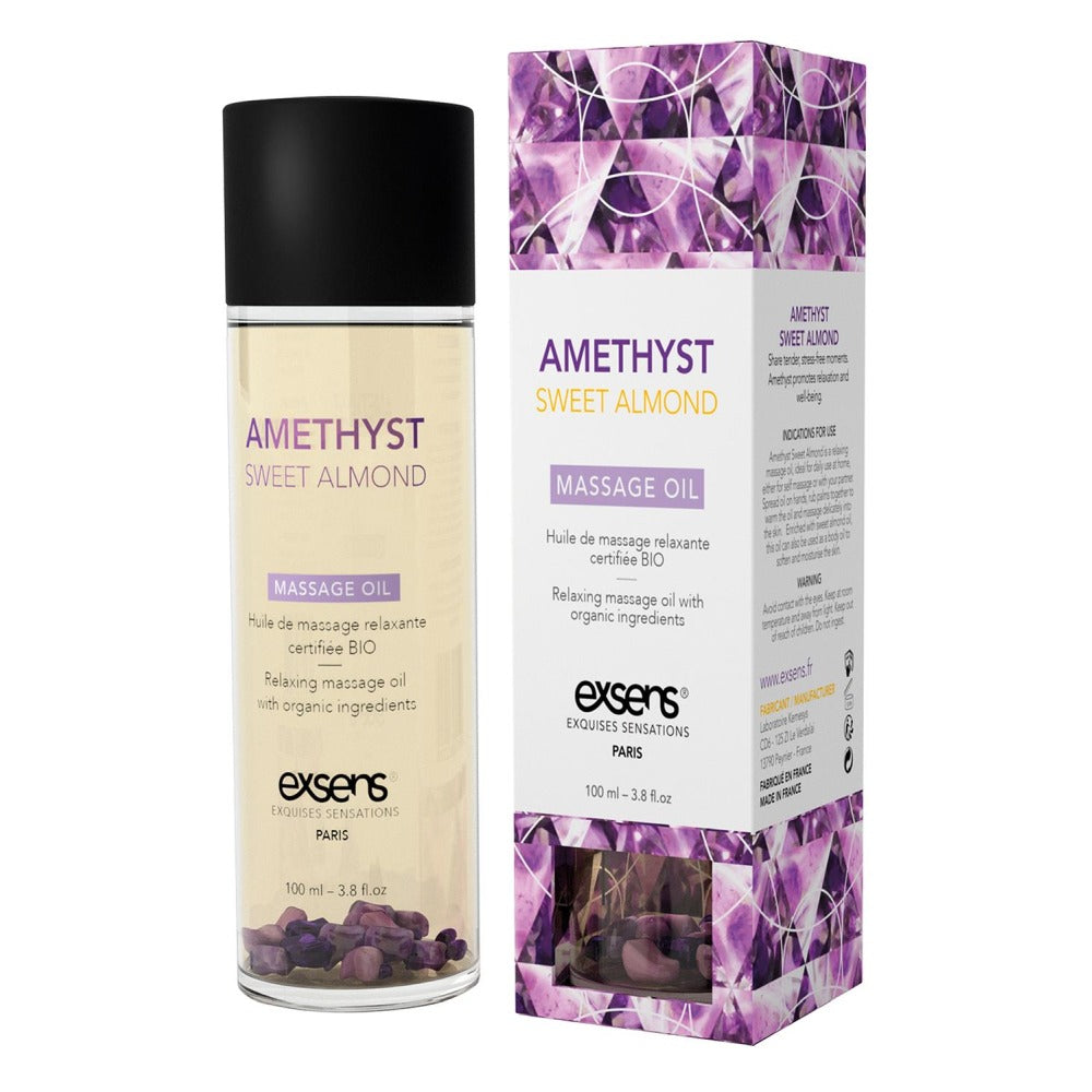 Ulei de masaj organic Exsens Amethyst Sweet Almond certificat BIO - imbogatit cu esente de ametist pentru relaxare si bunastare - transparent, 100 ml