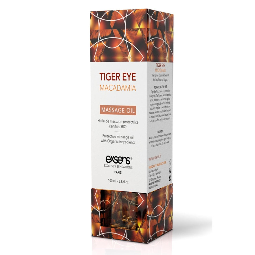 Ulei de masaj organic Exsens Tiger Eye Macadamia certificat BIO - imbogatit cu esente de ochi de tigru pentru alungarea energiilor negative - transparent, 100 ml