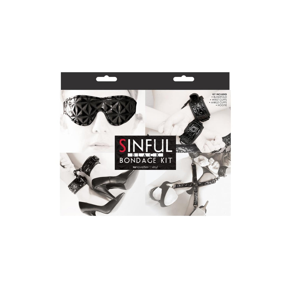 Set Bondage NS Novelties Sinful 4 Piese - Vinil Negru captusit cu Neopren - catuse pentru incheieturi, catuse pentru glezne, hogtie, masca pentru ochi