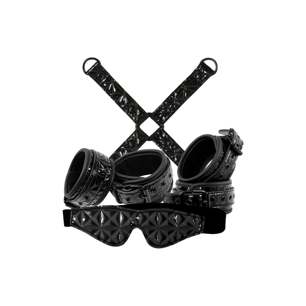 Set Bondage NS Novelties Sinful 4 Piese - Vinil Negru captusit cu Neopren - catuse pentru incheieturi, catuse pentru glezne, hogtie, masca pentru ochi