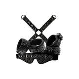 Set Bondage NS Novelties Sinful 4 Piese - Vinil Negru captusit cu Neopren - catuse pentru incheieturi, catuse pentru glezne, hogtie, masca pentru ochi