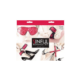 Set Bondage NS Novelties Sinful 4 Piese - Vinil Roz captusit cu Neopren - catuse pentru incheieturi, catuse pentru glezne, hogtie, masca pentru ochi