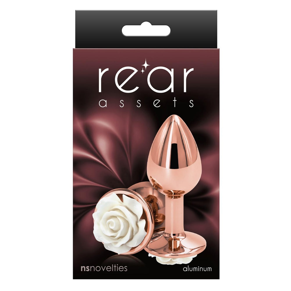 Dop Anal Rose Gold Real Assets Rose Butt Plug, Small, cu trandafir alb la baza