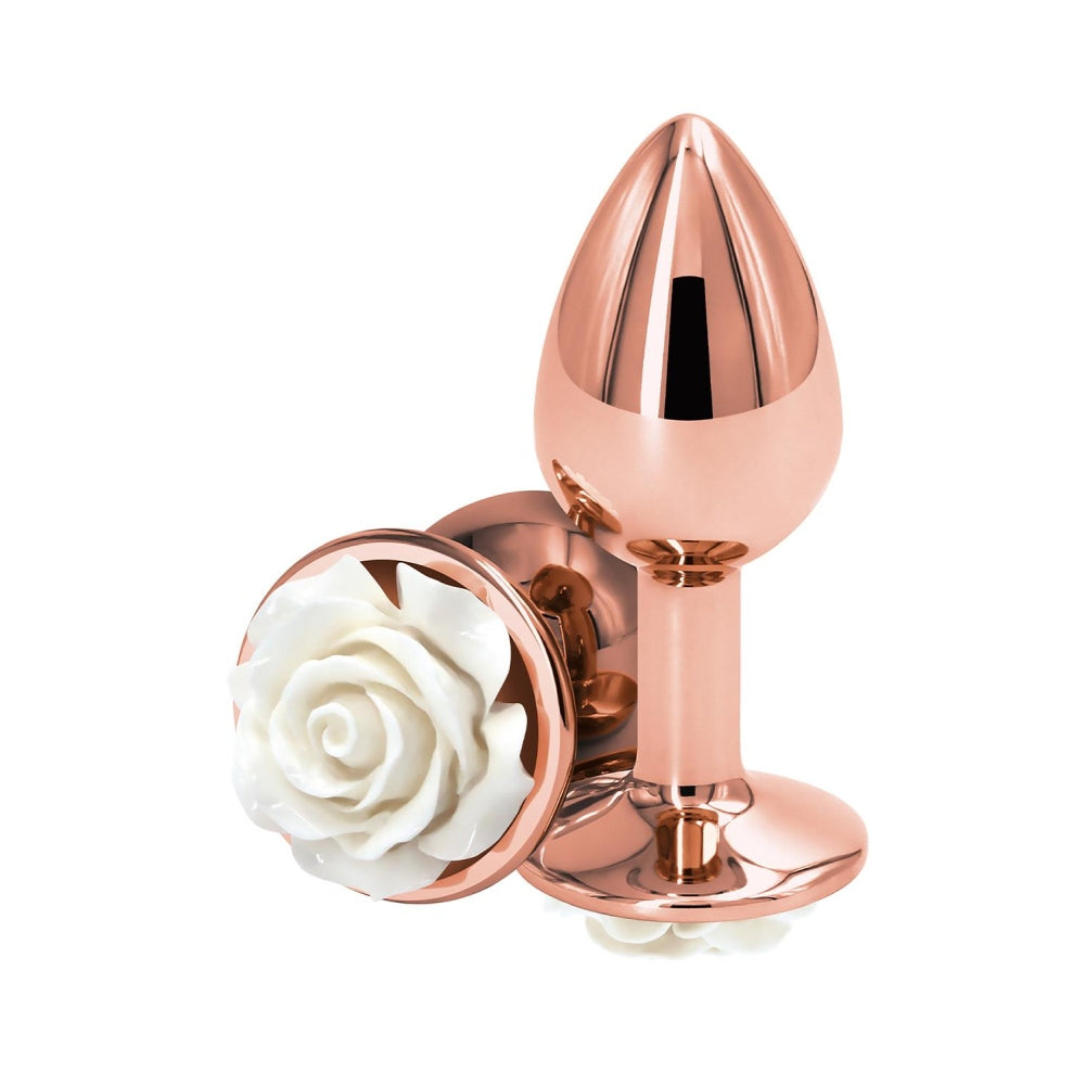 Dop Anal Rose Gold Real Assets Rose Butt Plug, Small, cu trandafir alb la baza
