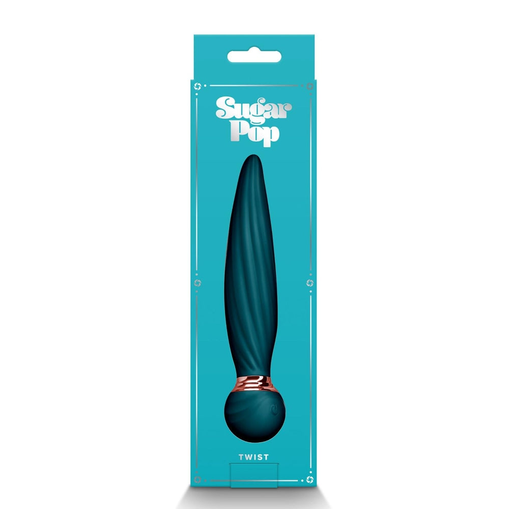 Vibrator NS Novelties Sugar Pop Twist 16 cm - silicon moale turcoaz - reincarcabil - ax cu rotatie - 7 Functii - compatibil cu toti lubrifiantii - rezistent la apa IPX7
