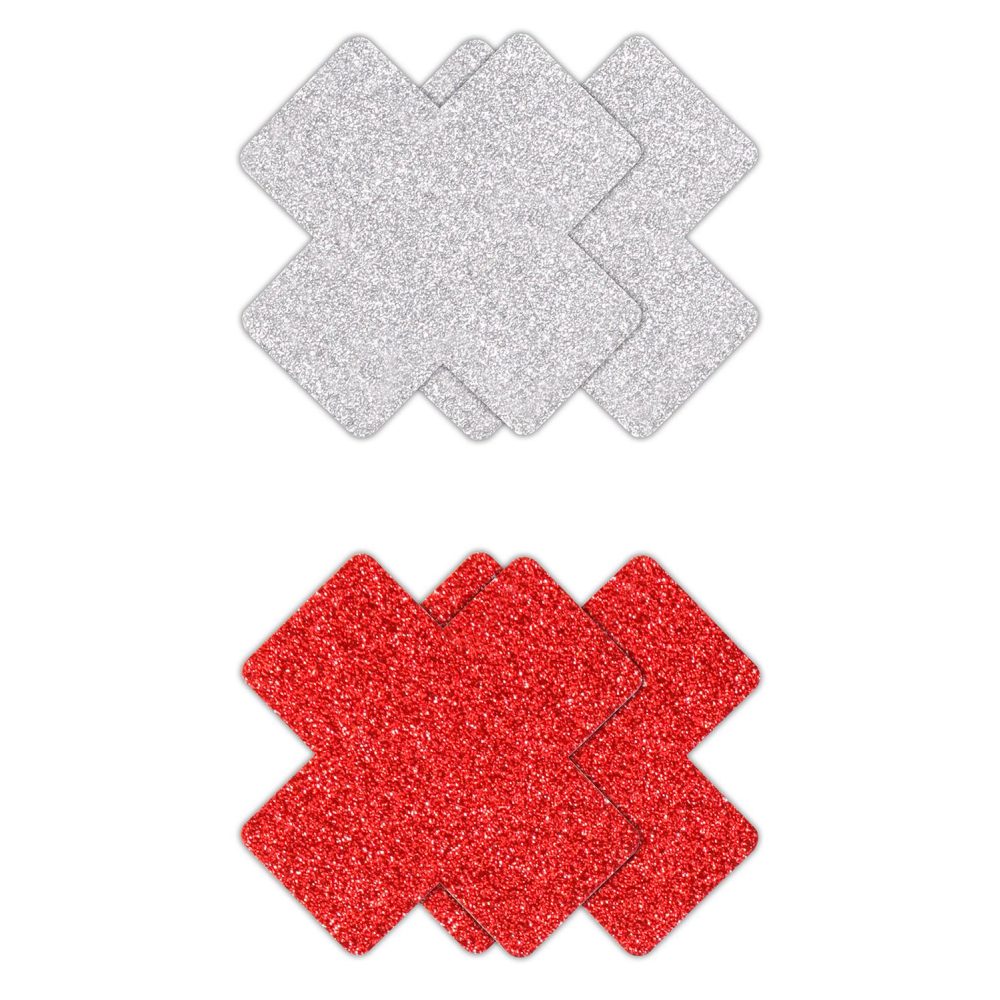Nipple Covers Autoadezive - Cruci Rosii si Argintii cu Sclipici - Perfect pentru decor corporal - Finisaje din material textil cu sclipici