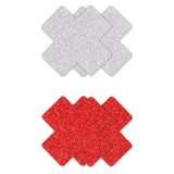 Nipple Covers Autoadezive - Cruci Rosii si Argintii cu Sclipici - Perfect pentru decor corporal - Finisaje din material textil cu sclipici