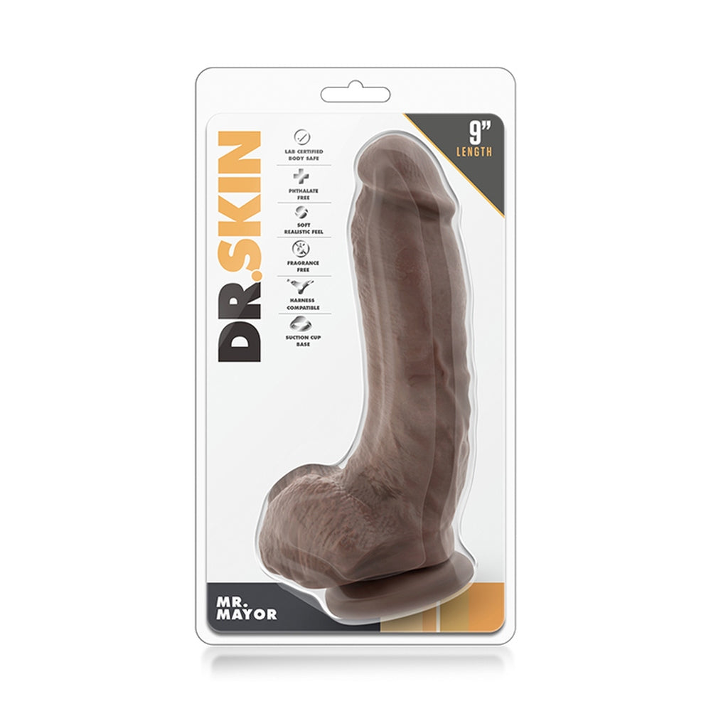 Dildo Realistic Mr Major Blush Novelties Dr. Skin 23 cm Lungime 5 cm Grosime cu Baza cu Ventuza si Testicule, Jucarie Sexuala pentru Femei, Barbati, Cupluri, Jucarie pentru Incepatori, Ciocolata