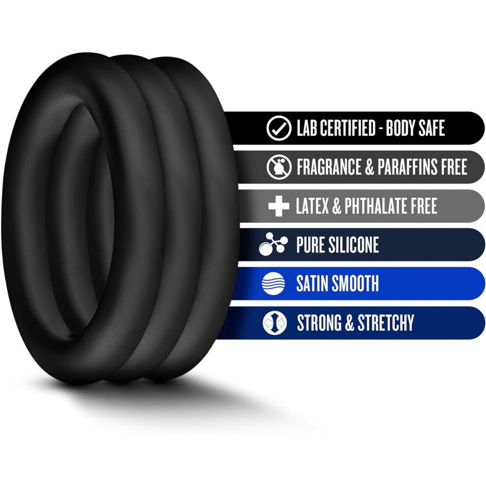 Blush Performance VS2 - Inele Penis Puria Silicon - Set de Inele C Flexibile si Durabile pentru Erectie - 3.8 cm diametru, Compatibile cu Ham Strap On - Set 3 Bucati pentru Marirea Penisului - Negru