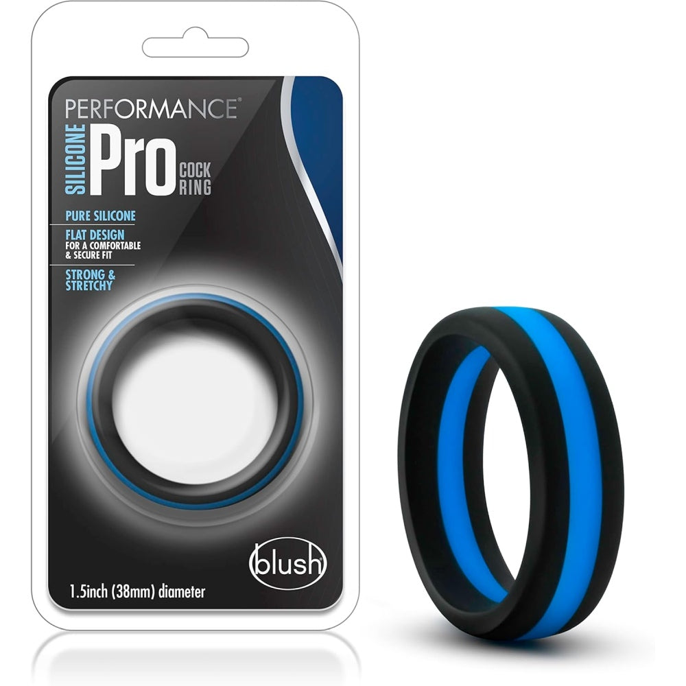 Inel penis Blush Novelties Performance Puria Silicone Pro - 1.5" latime - Moale si flexibil pentru potrivire perfecta - Nu ruleaza, nu ciupeste - Suprafata matasoasa UltraSilk - Pentru erectii puternice barbati - Negru, Albastru