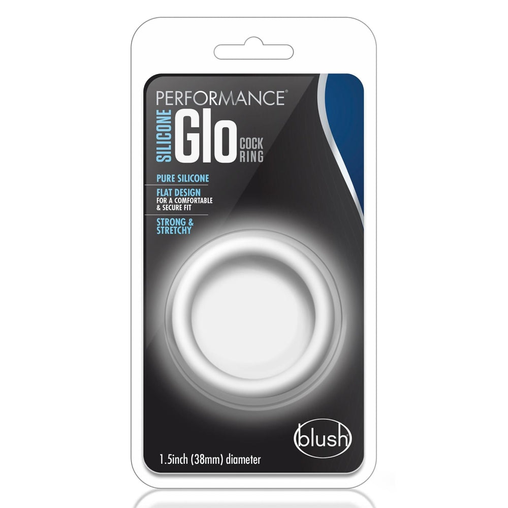 Inel penis Blush Novelties Performance Silicone Glo - Straluceste in intuneric - 1.5" latime - Se intinde pentru potrivire - Suprafata matasoasa UltraSilk nu ciupeste - Marire penis pentru barbati, cupluri - Alb