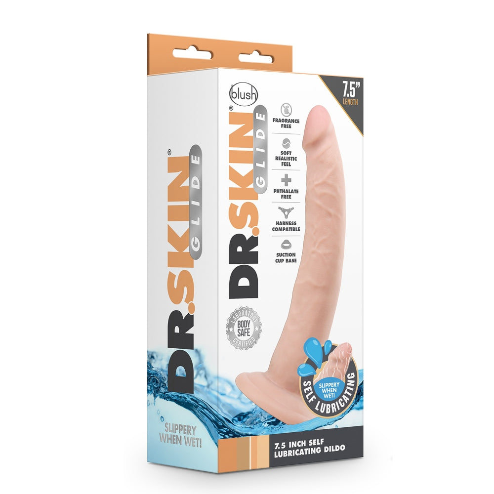 Dildo Realist Autolubrifiant Blush Novelties Dr. Skin Glide 19 cm cu Baza cu Ventuza, Compatibil cu Hamuri, Sigur pentru Corp, cu Testicule, Jucarie Sexuala pentru Ea, El si Cupluri – Culoarea Pielii