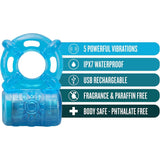 Inel penis Blush Novelties Stay Hard - Vibrator reincarcabil USB cu 5 functii de vibratii- Elastic - Impermeabil IPX7, complet submersibil - Erectii mai tari si de lunga durata - Jucarie sexuala pentru cupluri, barbati - Albastru