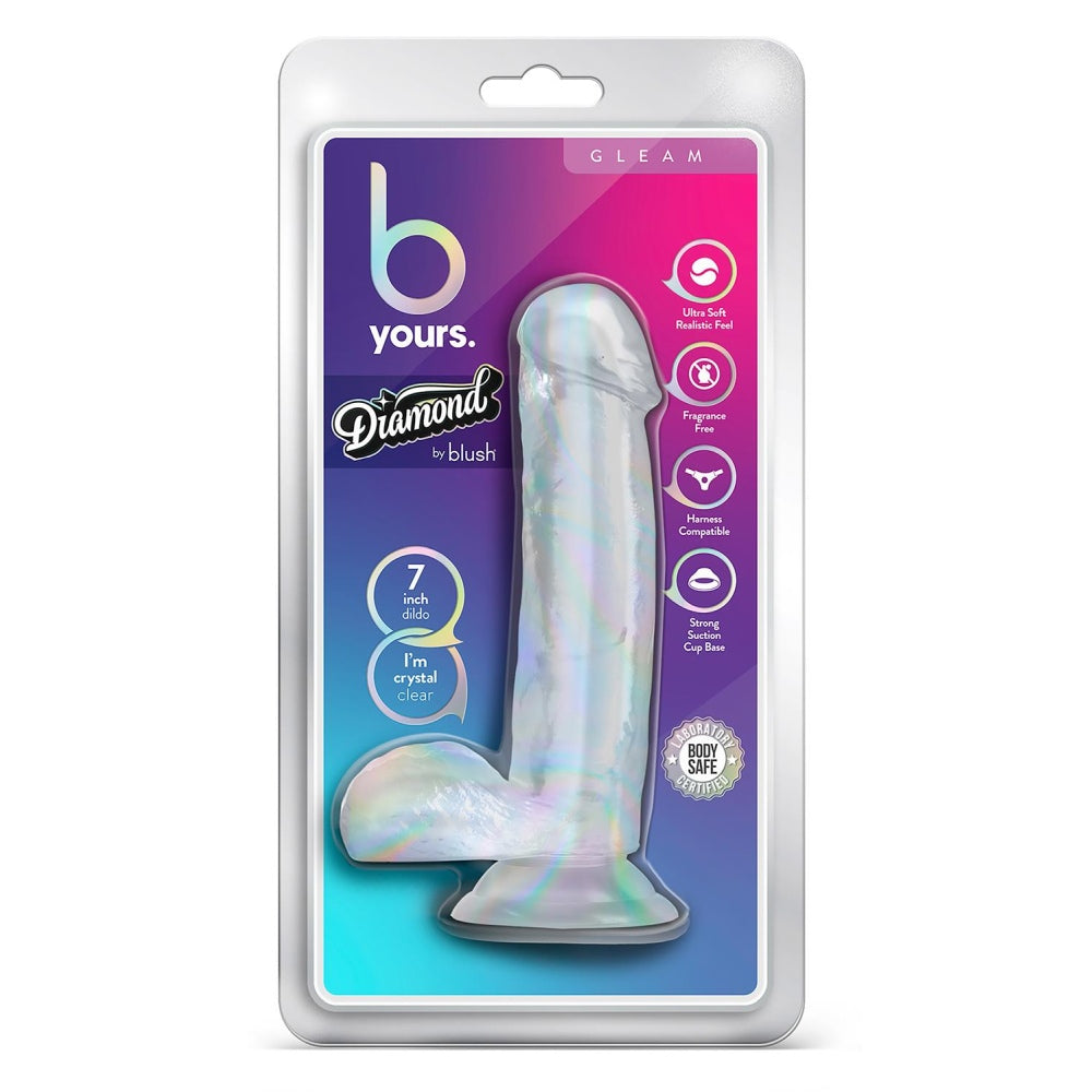 Dildo Realist Blush Novelties B Yours Diamond Gleam – 17,8 cm, cu Testicule, cu Baza cu Ventuza Puternica pentru Jocuri Fara Maini si Compatibil cu Hamuri – Curbat pentru Stimularea Punctului G – Jucarie Sexuala