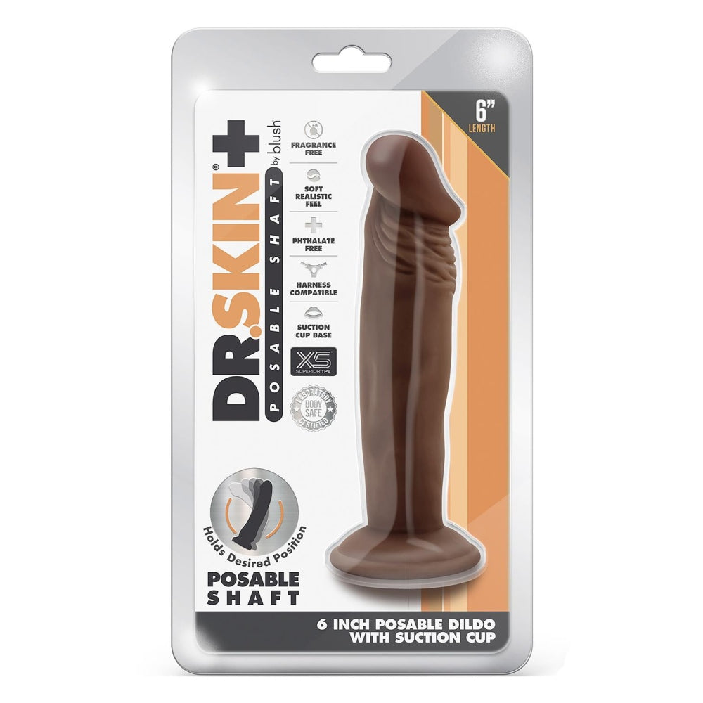 Blush Novelties Dr. Skin Plus - Dildo Realist 16.5 cm Pozabil - Baza cu Ventuza pentru Utilizare Hands-Free si Compatibil cu Ham - Jucarie Sexuala Flexibila cu Tripla Densitate pentru El Ea si Cupluri, Ciocolata