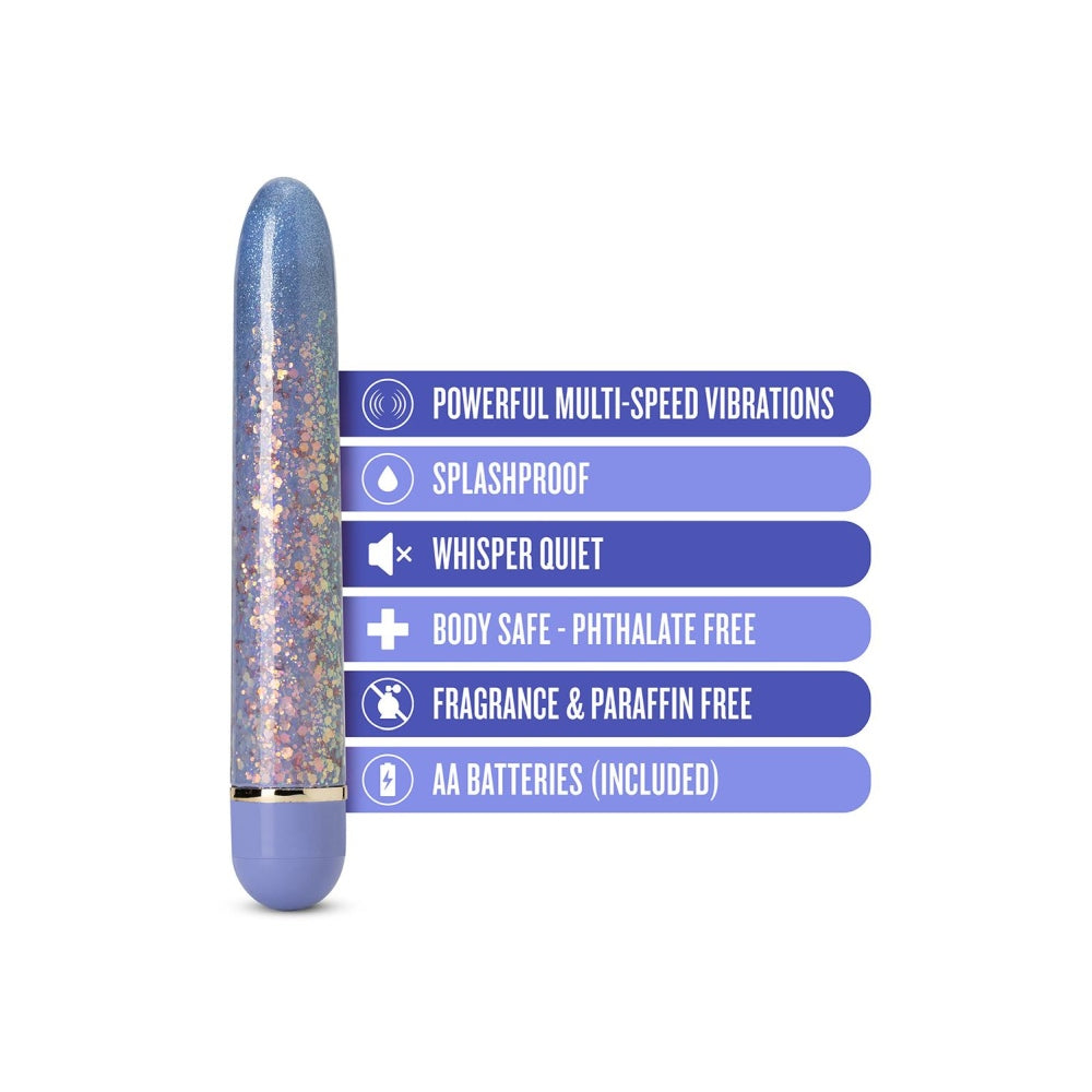 Vibrator Bullet Blush The Collection Etherial Periwinkle - Lila cu sclipici roz, 17.7 cm - Vibrati Multiviteze Silentioase - sigur pentru corp si fara ftalati