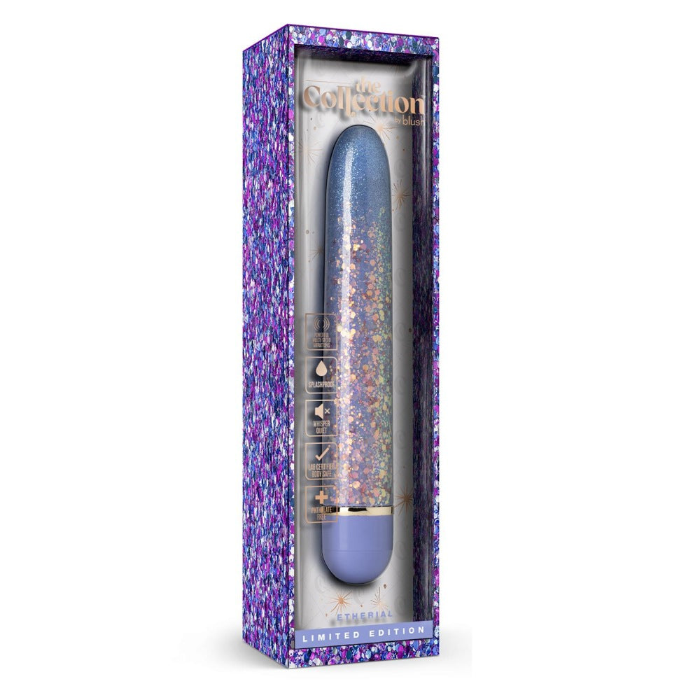 Vibrator Bullet Blush The Collection Etherial Periwinkle - Lila cu sclipici roz, 17.7 cm - Vibrati Multiviteze Silentioase - sigur pentru corp si fara ftalati