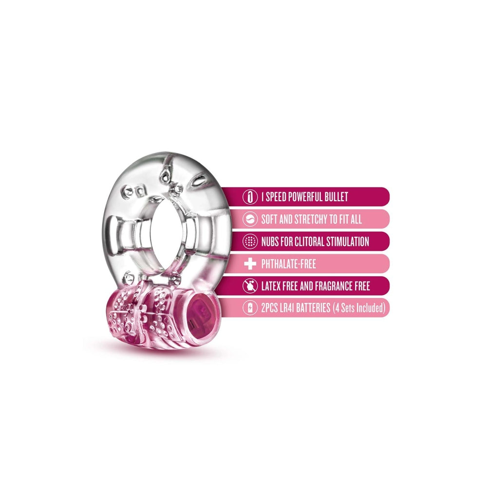 Inel vibrator Blush Novelties Play with Me Pleaser reincarcabil - 5 moduri de vibratie - Elastic, potrivit pentru toate dimensiunile de penis - Stimulator moale pentru clitoris - Potentator sexual, Roz