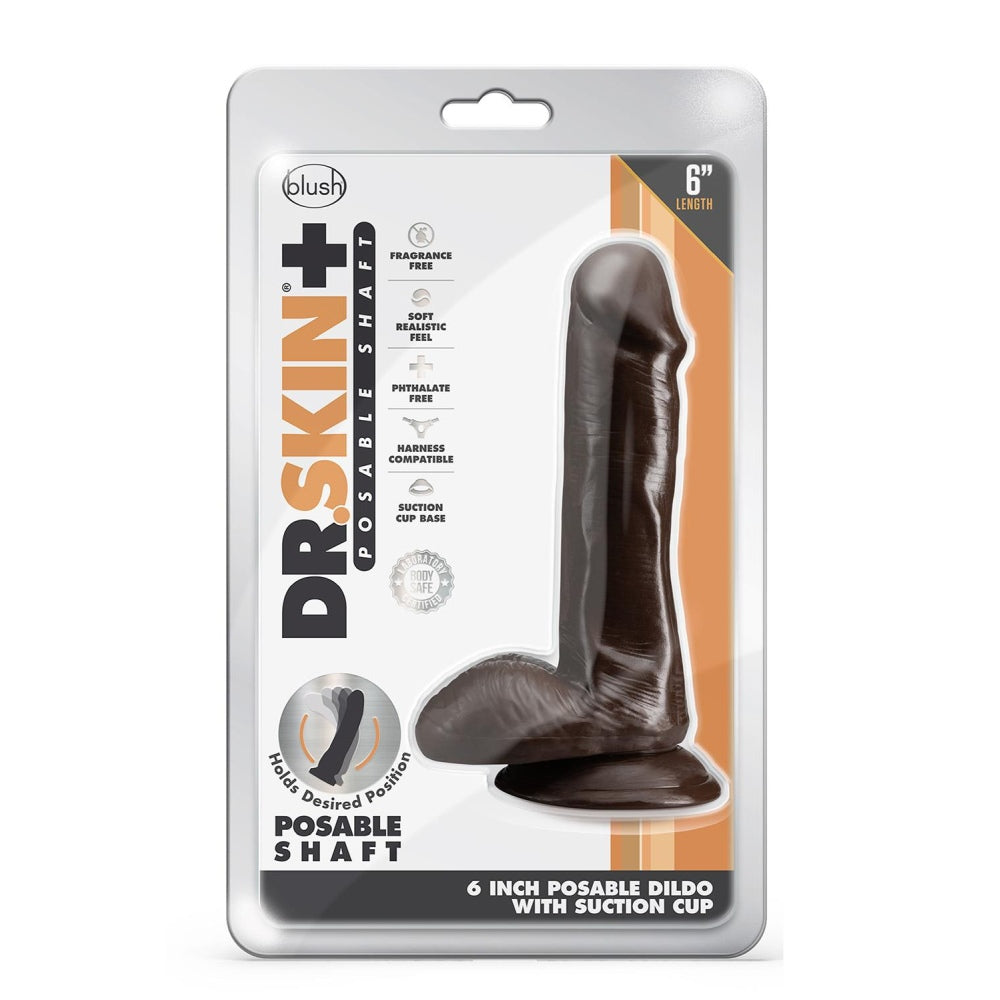 Blush Dildo Realist Dr. Skin Plus Pozabil 16.5 cm cu Ventuza Puternica, cu Testicule si Compatibil Strap-On, Sensa Feel Triple Densitate, Jucarie Sexuala Sigura din TPE pentru Femei si Cupluri, Cicolata