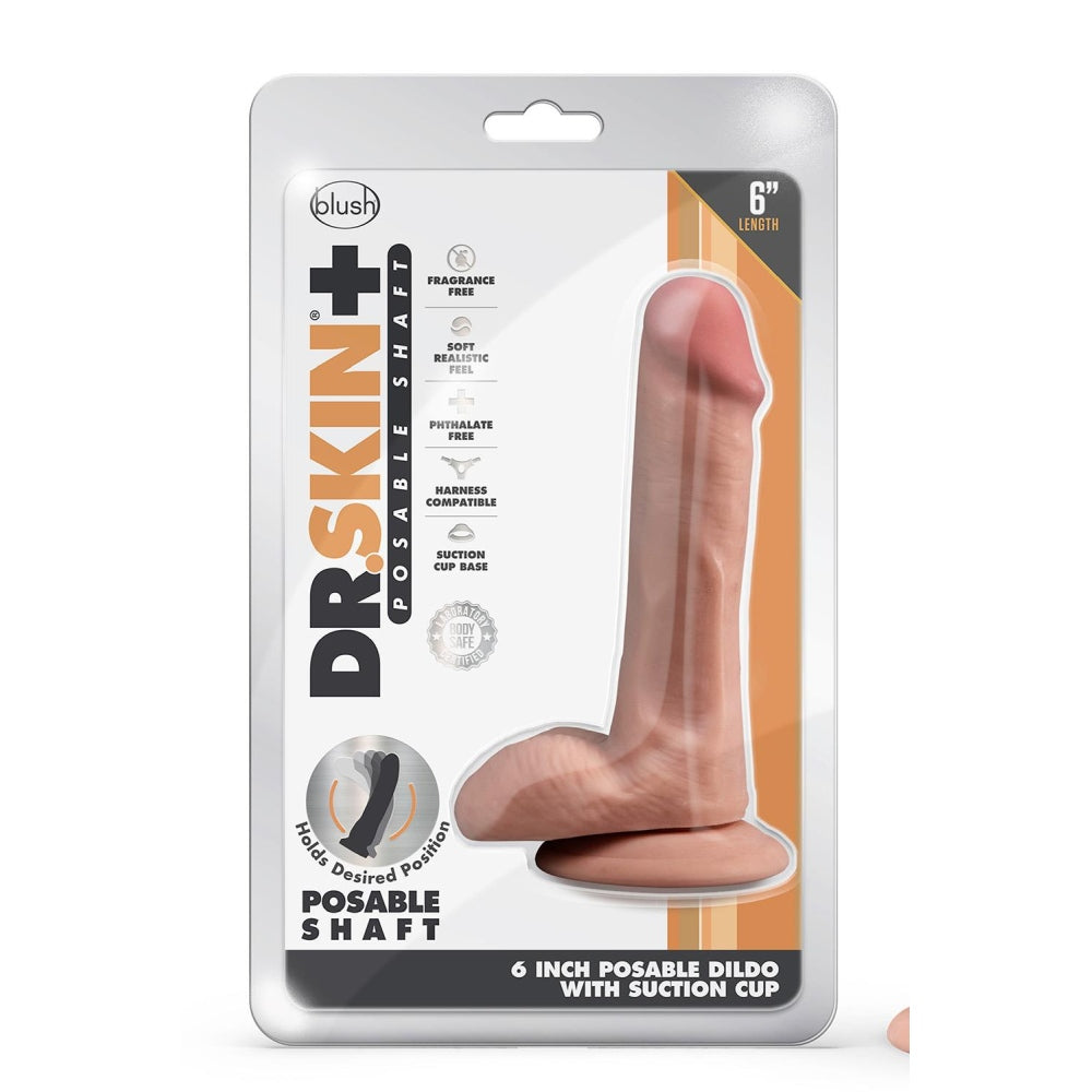 Blush Dildo Realist Dr. Skin Plus Pozabil 16.5 cm cu Ventuza Puternica, cu Testicule si Compatibil Strap-On, Sensa Feel Triple Densitate, Jucarie Sexuala Sigura din TPE pentru Femei si Cupluri, Mocha