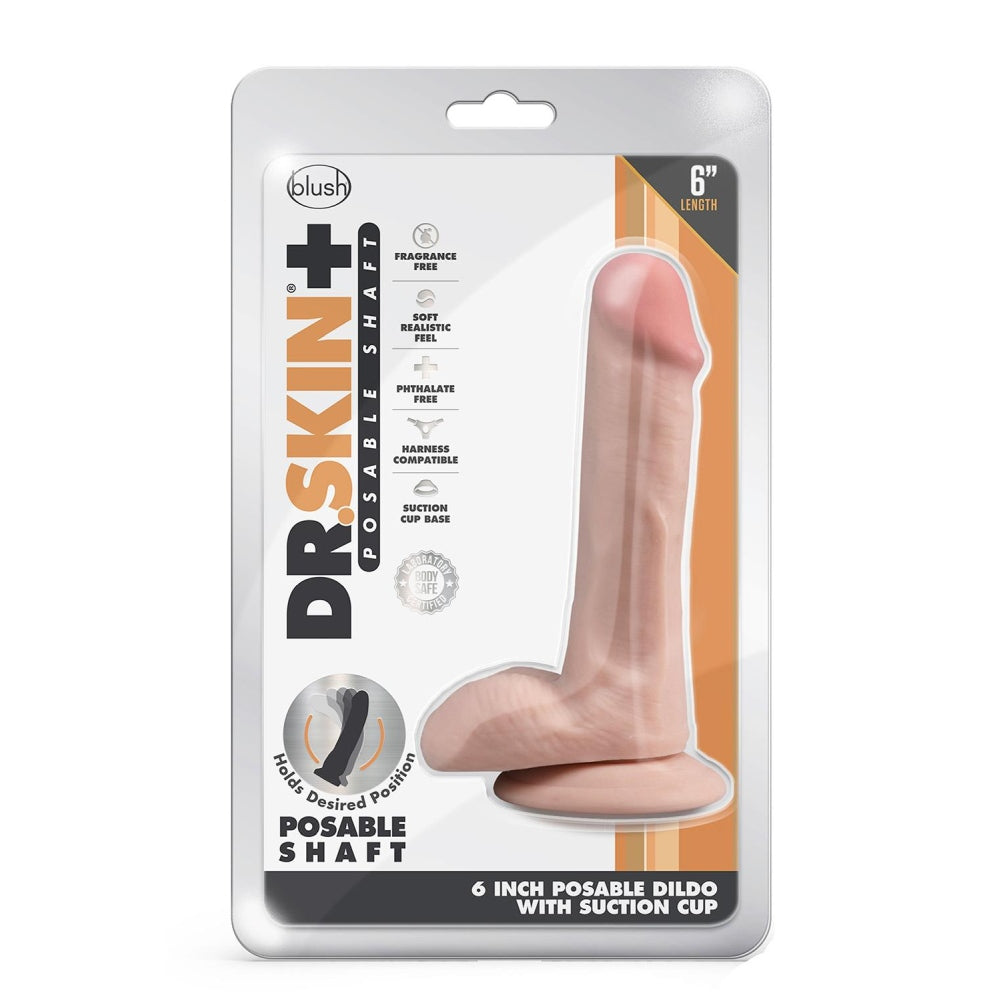 Blush Dildo Realist Dr. Skin Plus Pozabil 16.5 cm cu Ventuza Puternica, cu Testicule si Compatibil Strap-On, Sensa Feel Triple Densitate, Jucarie Sexuala Sigura din TPE pentru Femei si Cupluri, Culoarea Pielii
