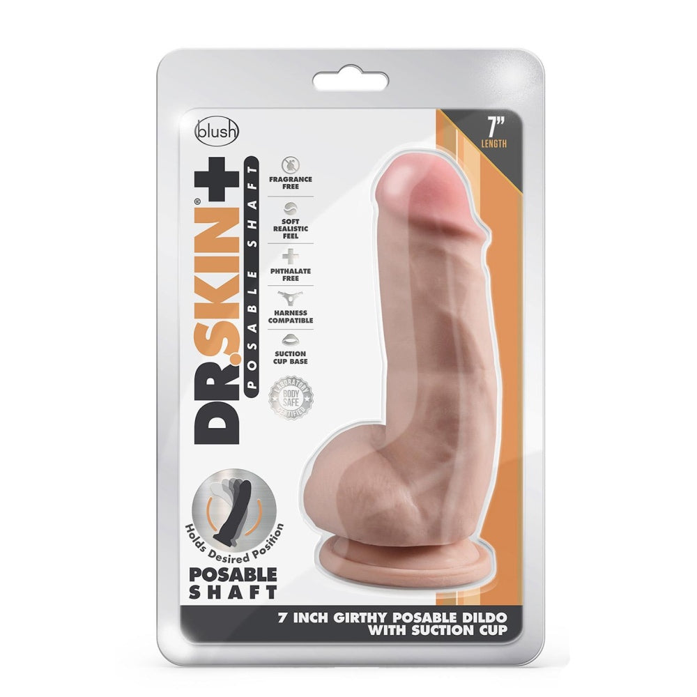Blush Novelties Dr Skin Plus Dildo Realist Posabil 17,7 cm Grosime - Ventuza Puternica, cu Testicule, Compatibil Ham O Ring - Jucarie Sexuala Medie pentru Femei Barbati Cupluri - Culoarea Pielii