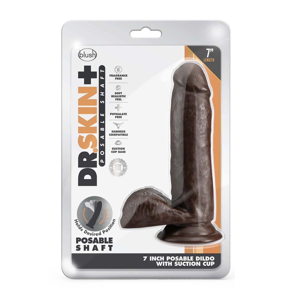 Blush Dildo Realist Dr. Skin Plus Pozabil 17.7 cm cu Ventuza Puternica, cu Testicule si Compatibil Strap-On, Sensa Feel Triple Densitate, Jucarie Sexuala Sigura din TPE pentru Femei si Cupluri, Ciocolata