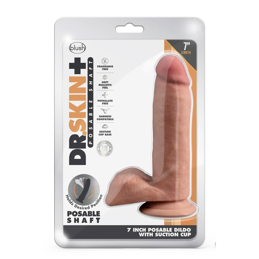 Blush Dildo Realist Dr. Skin Plus Pozabil 17.7 cm cu Ventuza Puternica, cu Testicule si Compatibil Strap-On, Sensa Feel Triple Densitate, Jucarie Sexuala Sigura din TPE pentru Femei si Cupluri, Mocha
