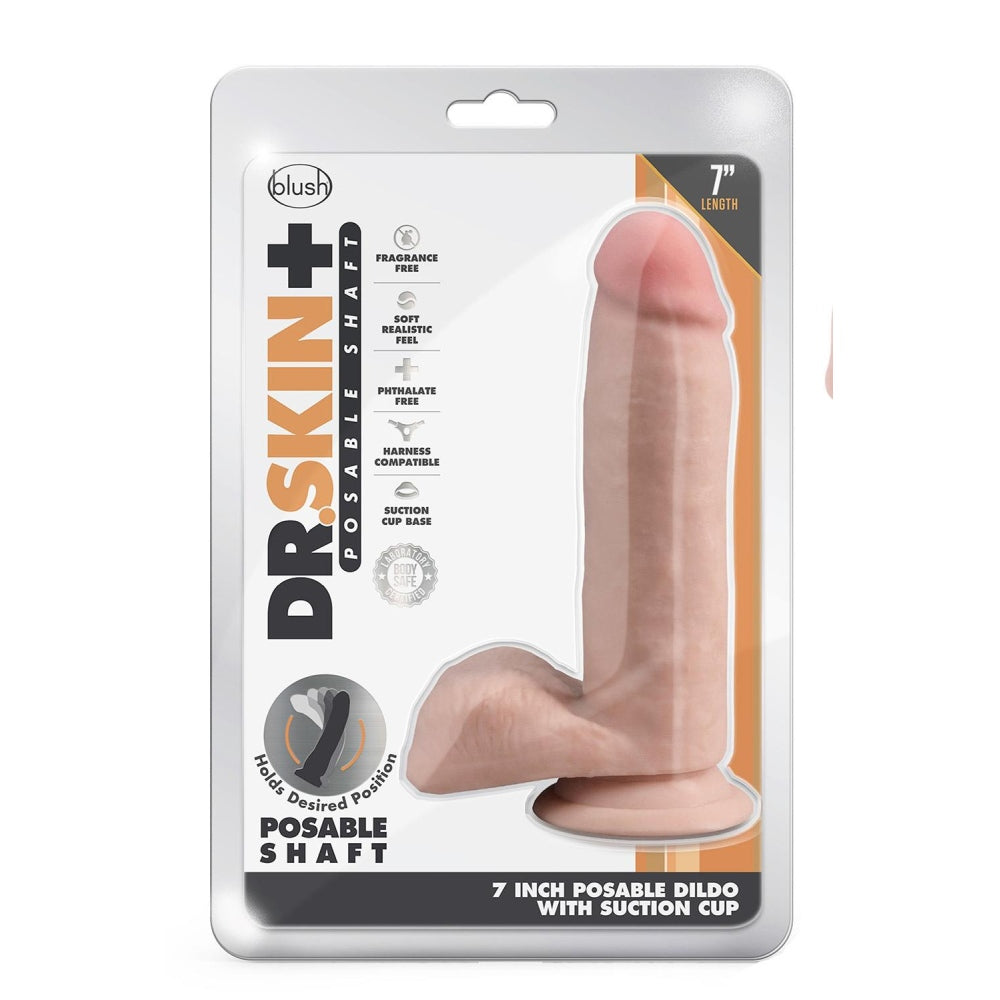 Blush Dildo Realist Dr. Skin Plus Pozabil 17.7 cm cu Ventuza Puternica, cu Testicule si Compatibil Strap-On, Sensa Feel Triple Densitate, Jucarie Sexuala Sigura din TPE pentru Femei si Cupluri, Culoarea Pielii