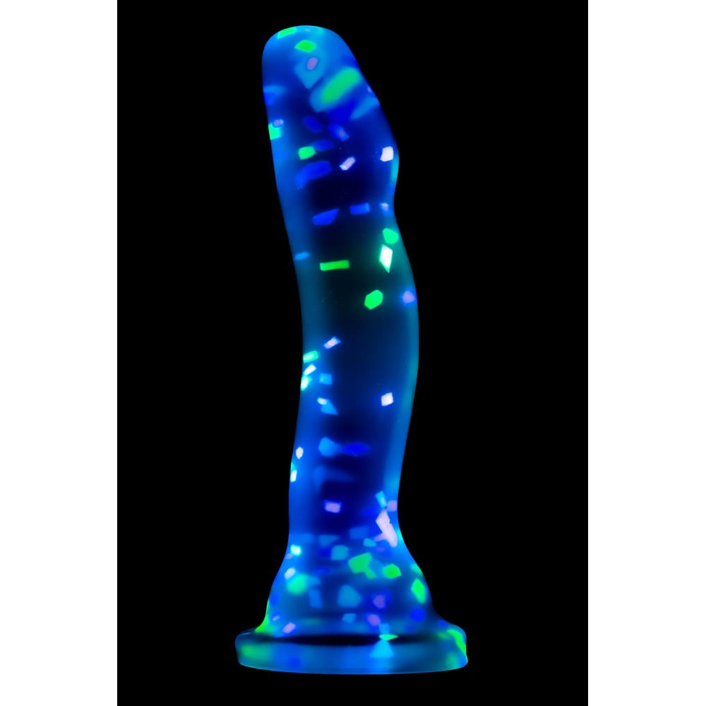 Dildo Stralucitor in Intuneric Blush Novelties Neo Elite Purio din Silicon - 19 cm Dildo Transparent cu Confetti - Curbe Speciale pentru Stimularea Punctului G si P - Baza cu ventuza-Suprafata Neteda si Non-poroasa - Jucarie Sexuala