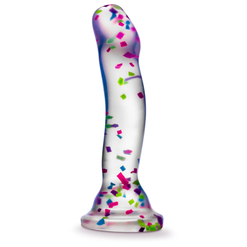 Dildo Stralucitor in Intuneric Blush Novelties Neo Elite Purio din Silicon - 19 cm Dildo Transparent cu Confetti - Curbe Speciale pentru Stimularea Punctului G si P - Baza cu ventuza-Suprafata Neteda si Non-poroasa - Jucarie Sexuala