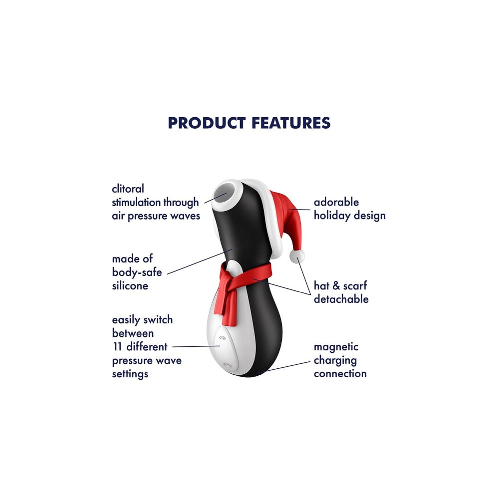 Stimulator de Clitoris cu Suctiune Satisfyer Pinguin, Editie Limitata Sarbatori, rezistent la apa, silentios, 11 moduri de stimulare