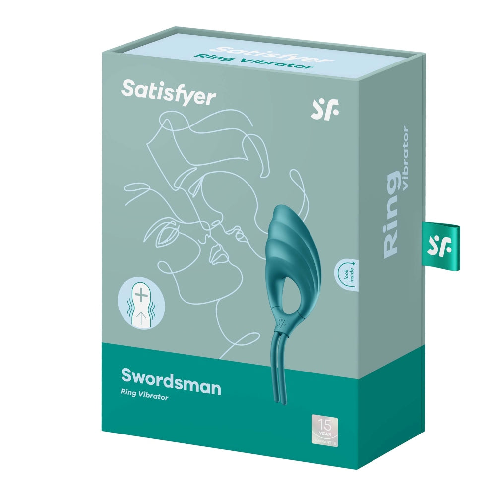 Inel Pentru Penis Satisfyer Swordsman cu Vibratii Turcoaz - sistem ajustabil, silicon sigur pentru corp - 12 Moduri Vibratii - reincarcabil, rezistent la apa IPX7