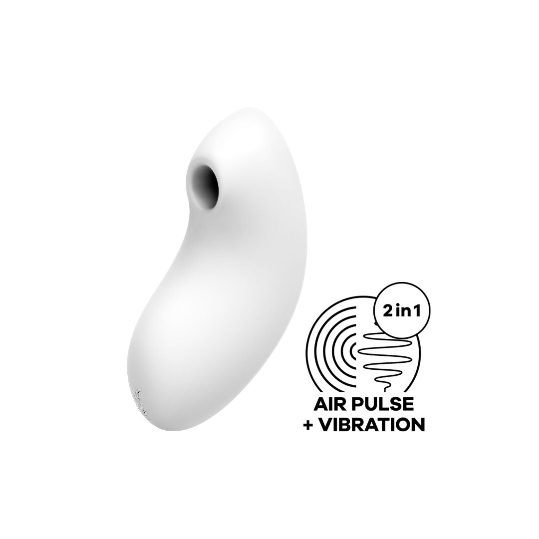 Vibrator Satisfyer Vulva Lover 2 Alb - stimulator dublu cu tehnologie Air Pulse, design cu forma curbata - 11 Moduri Pulsatii, 10 Moduri Vibratii - reincarcabil, rezistent la apa IPX7