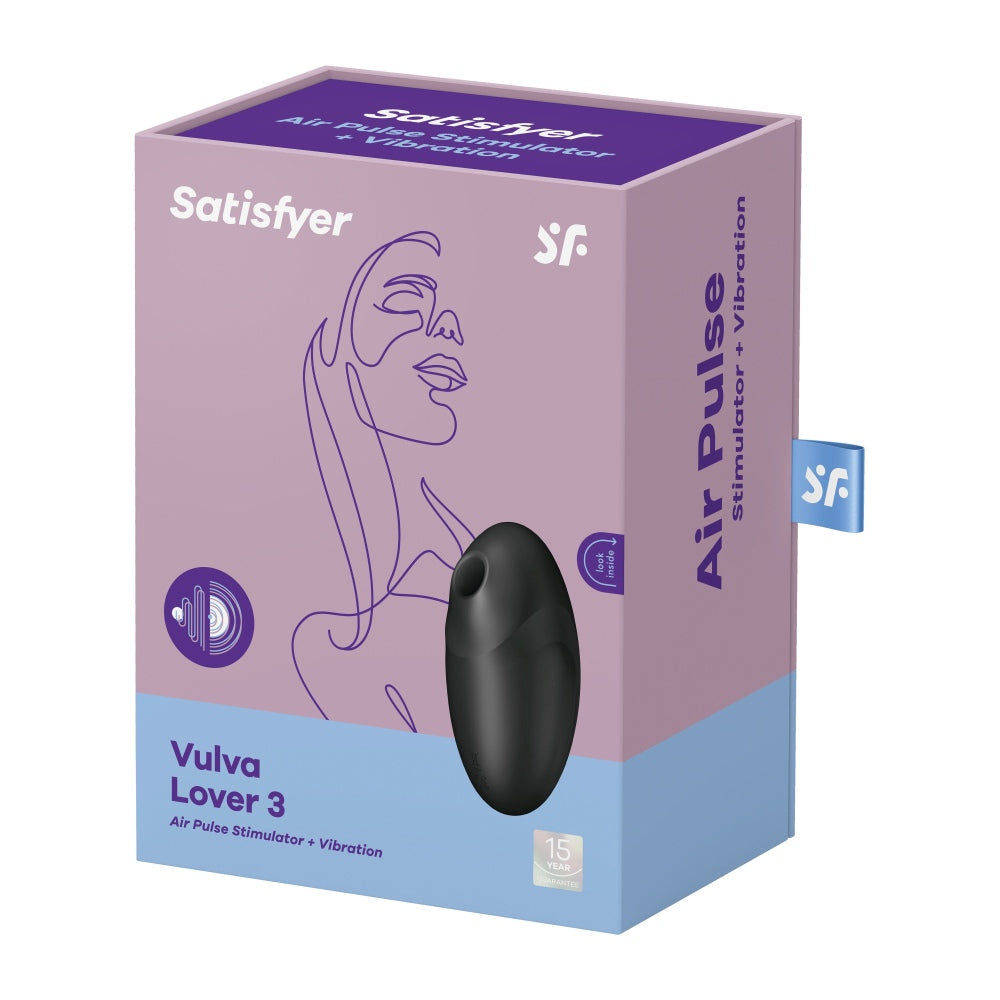 Vibrator Satisfyer Vulva Lover 3 Negru - stimulator dublu cu tehnologie Air Pulse, design cu forma curbata - 11 Moduri Pulsatii, 10 Moduri Vibratii - reincarcabil, rezistent la apa IPX7