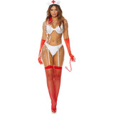 Costum 5 Piese Asistenta Sexy - sutien, chiloti cu talie inalta si jartiere atasate, halat transparent PVC, manusi lungi rosii si sapca de asistenta - design provocator si seducator, perfect pentru role play