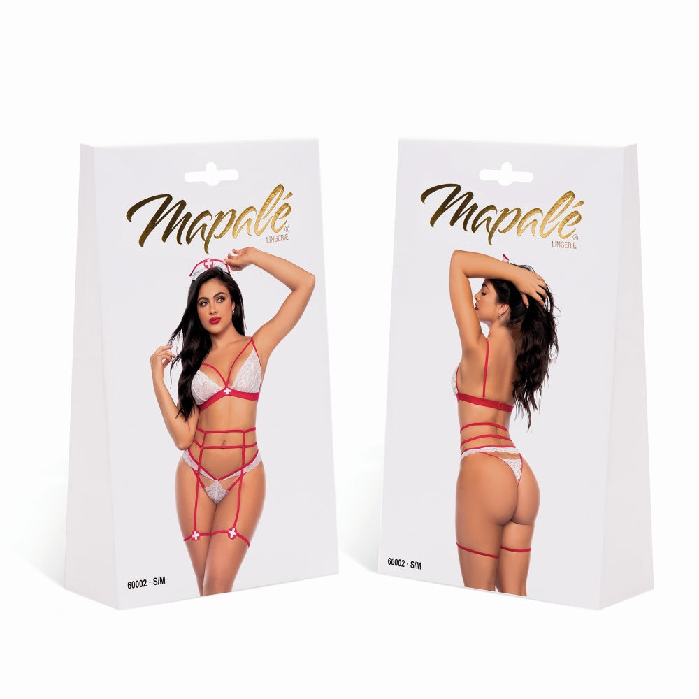 Costum Sexy de Asistenta - top din dantela, curea portjartier, chiloti tanga, si bentita - ideal pentru jocuri de rol seducatoare