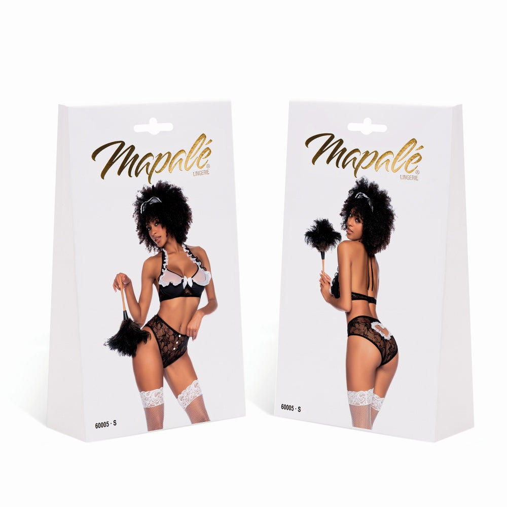 Costum Sexy de Menajera Frantuzoaica Negru - top halter cu volane, chiloti cu talie inalta, accesorii decorative - ideal pentru role play in cuplu