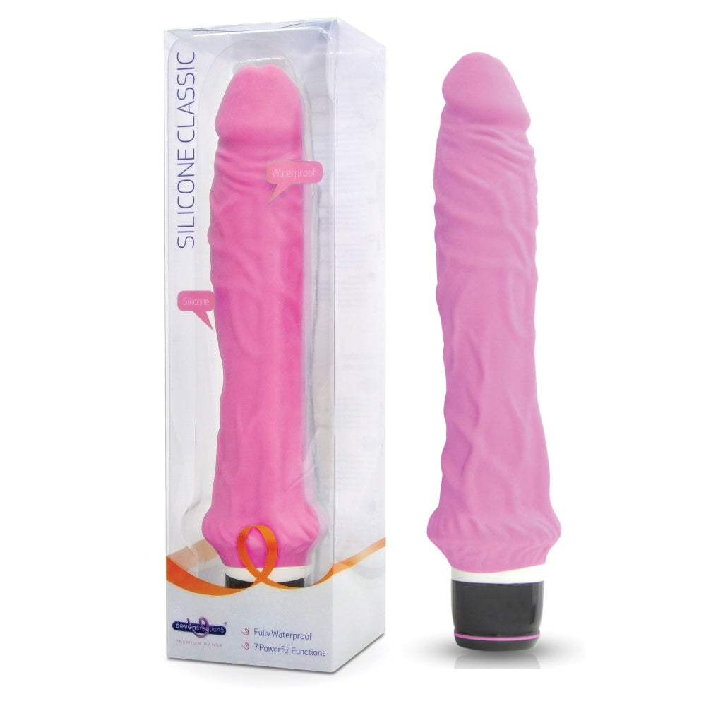 Vibrator Realistic SEVEN CREATIONS Premium Range Silicone Classic Vibe Roz - 7 Moduri Vibratii - rezistent la apa - suprafata moale si texturata - 21 cm