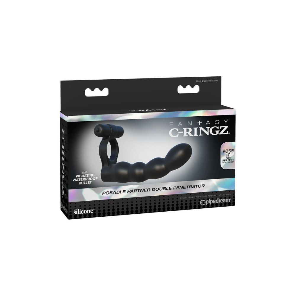 Penetrator Dublu Pipedream Fantasy C-Ringz - Negru, 14 cm - cu Vibratii puternice - Inel pentru penis elastic - Rezistent la Apa