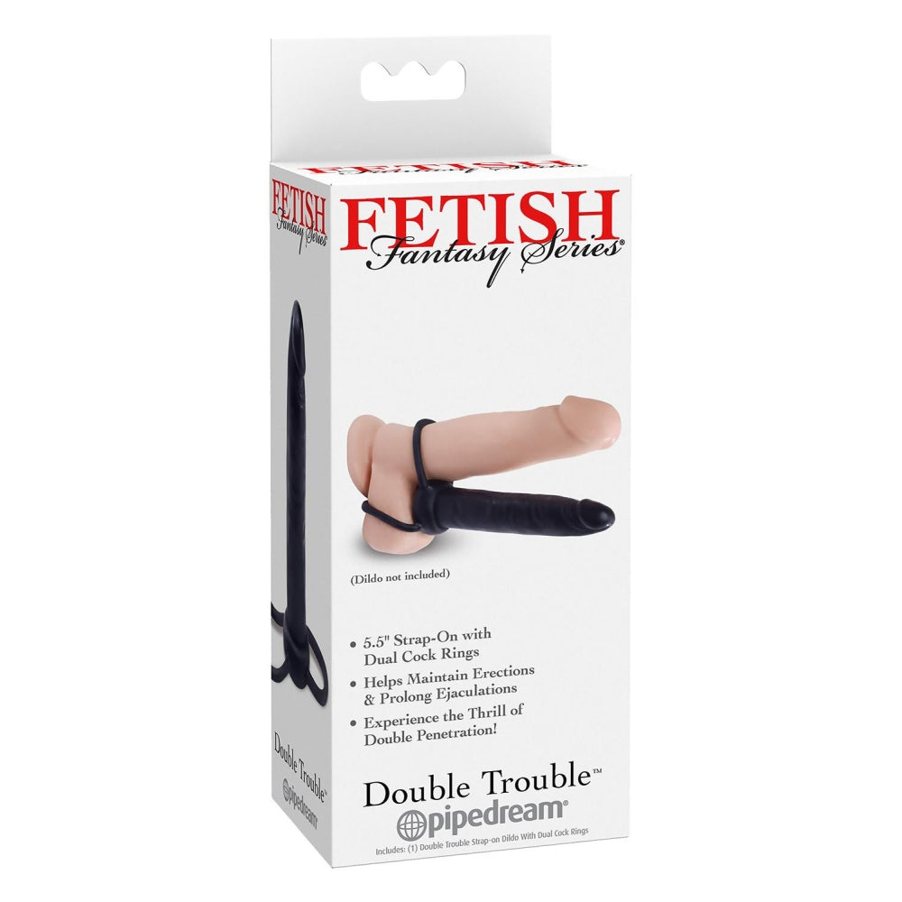 Penetrator Dublu Pipedream Double Trouble - Negru, 14.4 cm - Bucle elastice pentru sustinere, design realistic - compatibil cu strap-on, ideal pentru cupluri care vor dubla penetrare