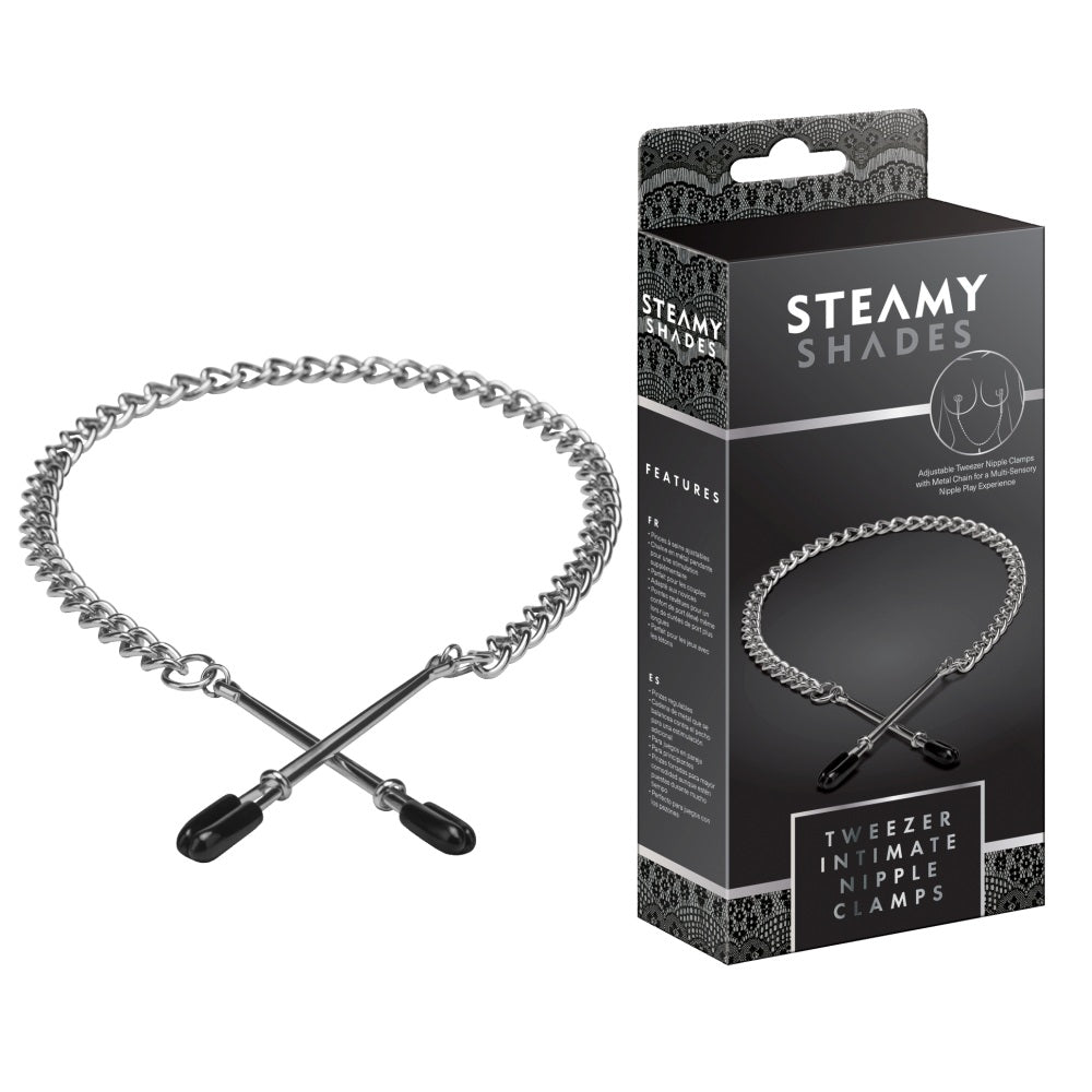 Clesti BDSM Ajustabili pentru Sfarcuri Steamy Shades - varfuri acoperite cu cauciuc, lant metalic pentru stimulare suplimentara si jocuri in cuplu