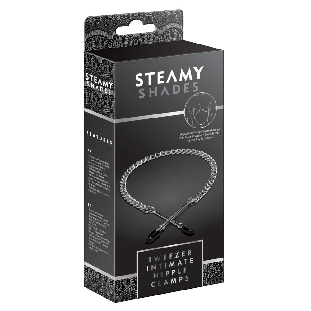 Clesti BDSM Ajustabili pentru Sfarcuri Steamy Shades - varfuri acoperite cu cauciuc, lant metalic pentru stimulare suplimentara si jocuri in cuplu