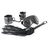 Set Bondage Spartacus 3 Piese din piele ecologica- catuse reglabile, masca pentru ochi, bici fetish - negru si argintiu