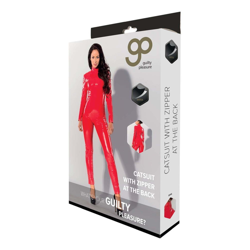 Catsuit Guilty Pleasure Datex Rosu – Maneci Lungi, Fermoar la Spate, Aspect Stralucitor de Latex, Confortabil si Elastic