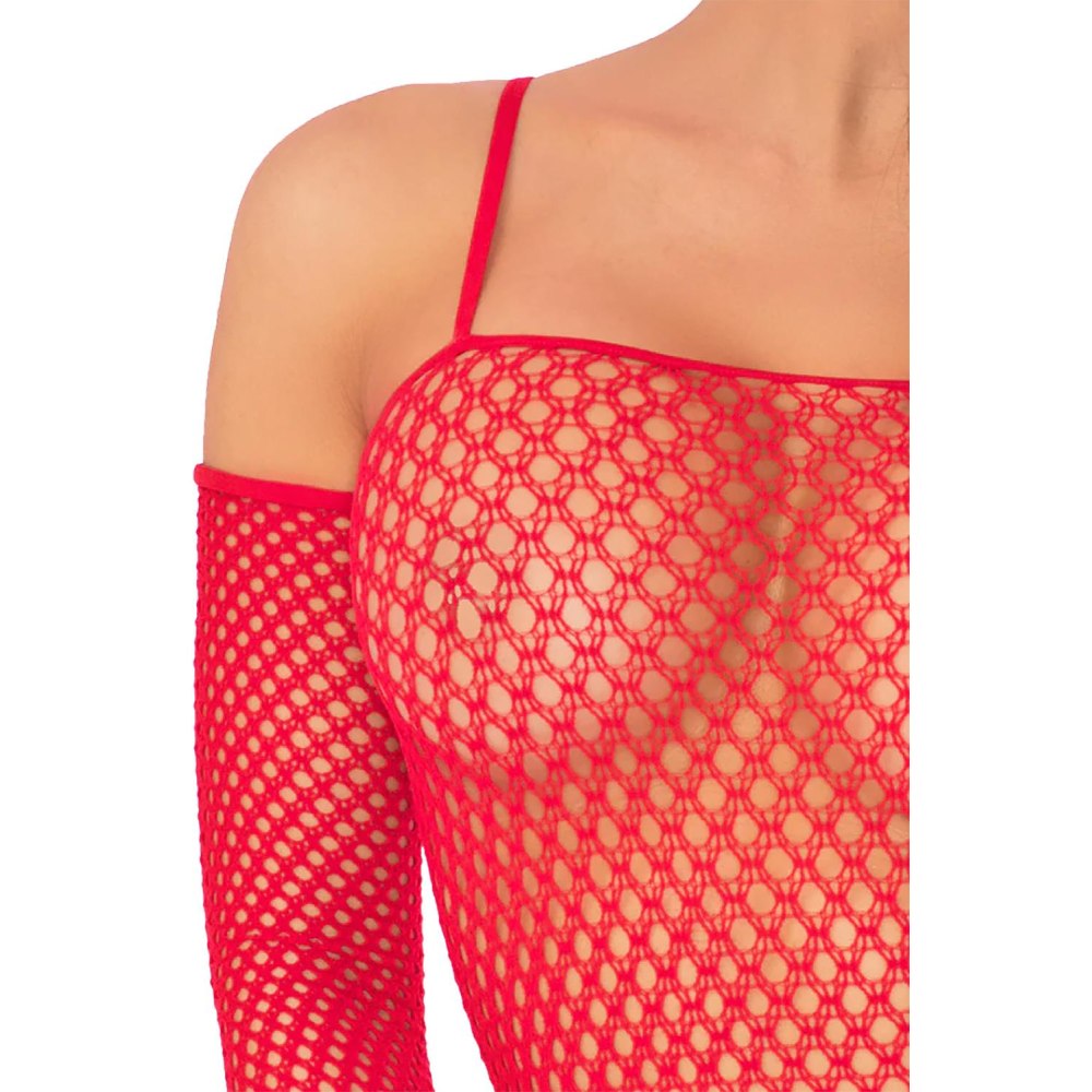 Rochie din Plasa Rosie cu Manusi Asortate O/S - design indraznet din plasa cu bretele subtiri - fit confortabil, ideal pentru orice tip de corp