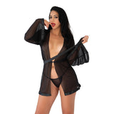 Lenjerie Sexy Kimono Seducator cu Maneci Clopot si Chilot Asortat - Plasa Transparenta Neagra si Curea Satinata