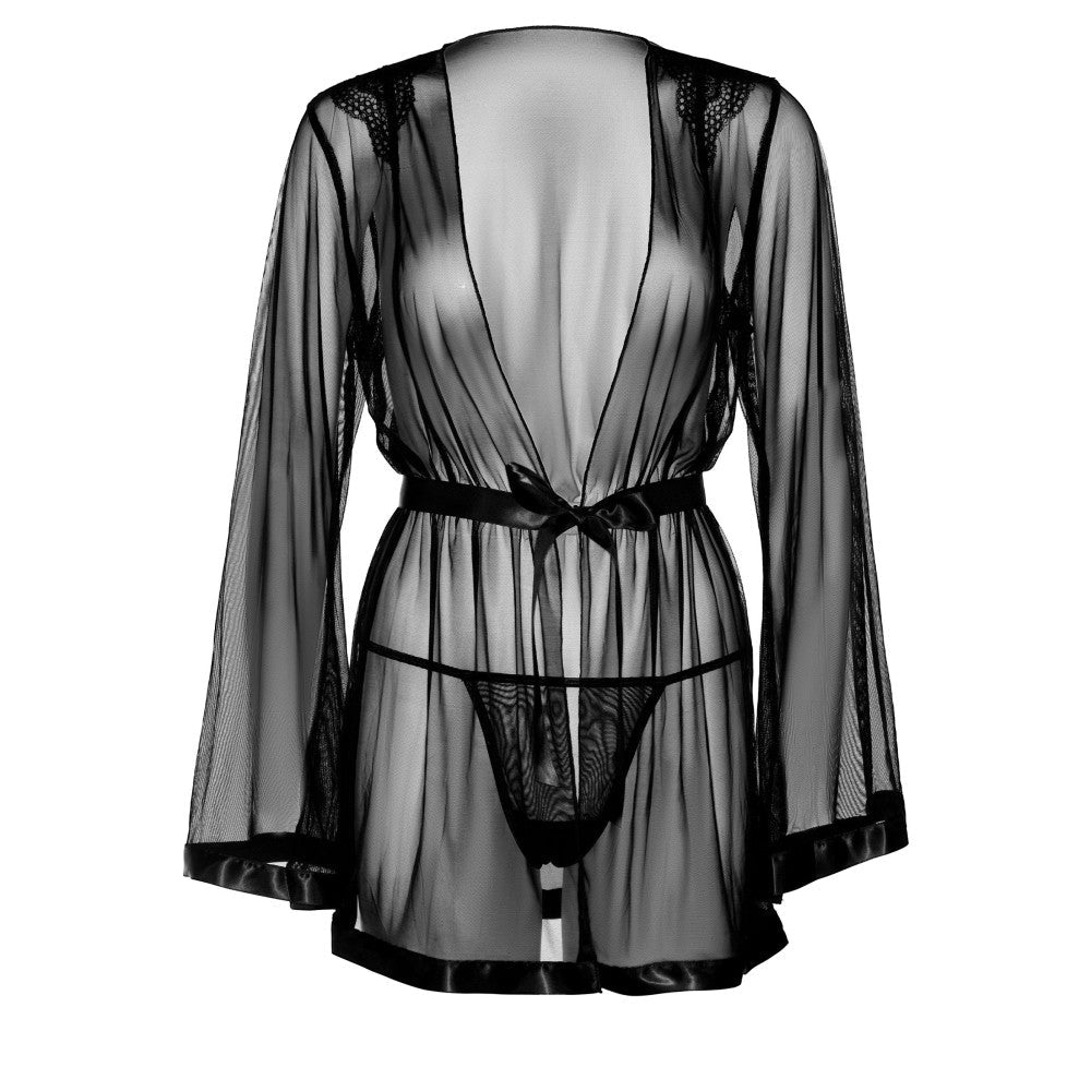 Lenjerie Sexy Kimono Seducator cu Maneci Clopot si Chilot Asortat - Plasa Transparenta Neagra si Curea Satinata