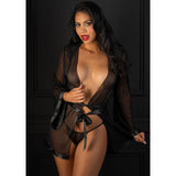 Lenjerie Sexy Kimono Seducator cu Maneci Clopot si Chilot Asortat - Plasa Transparenta Neagra si Curea Satinata